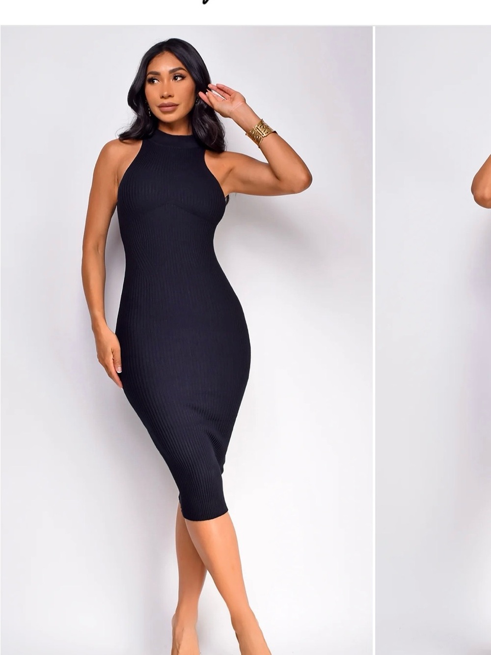 Emprada Black Ribbed Halter Bodycon Midi Dress - Size L